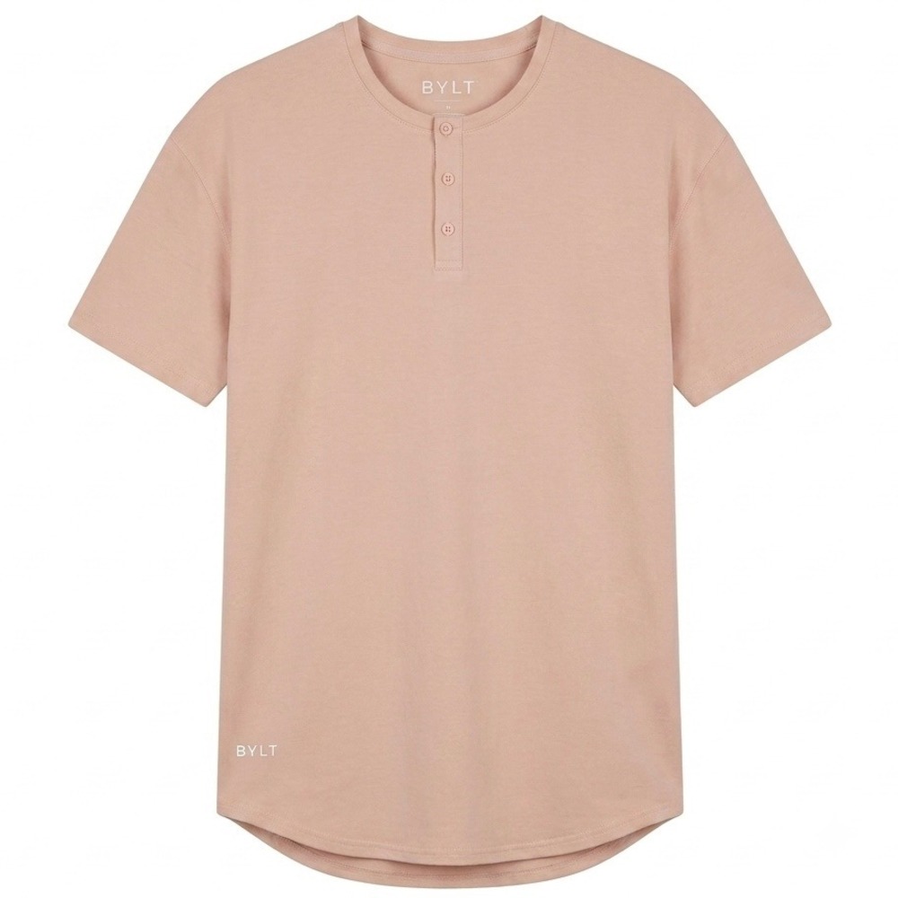 BYLT Drop Cut Henley T-Shirt Mens XL Clay Pink Lux Short Sleeve Curved Hem